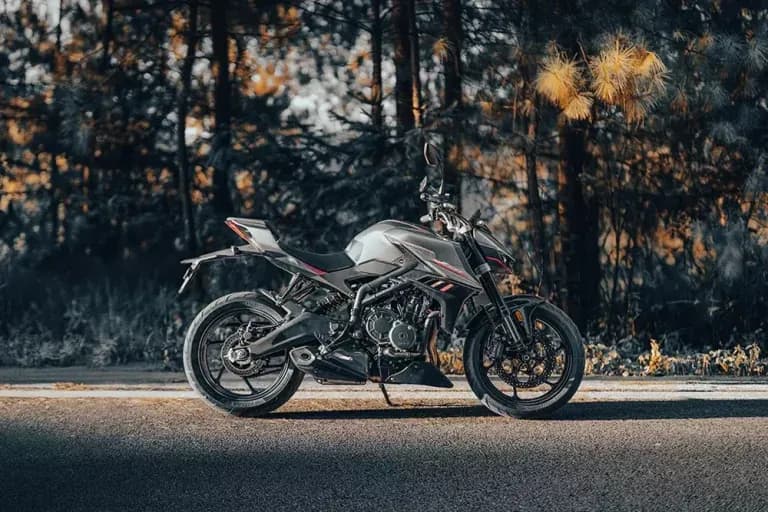 Dark grey KOVE naked motorcycle with pink accents, shown in profile at the roadside against an autumn pine forest
