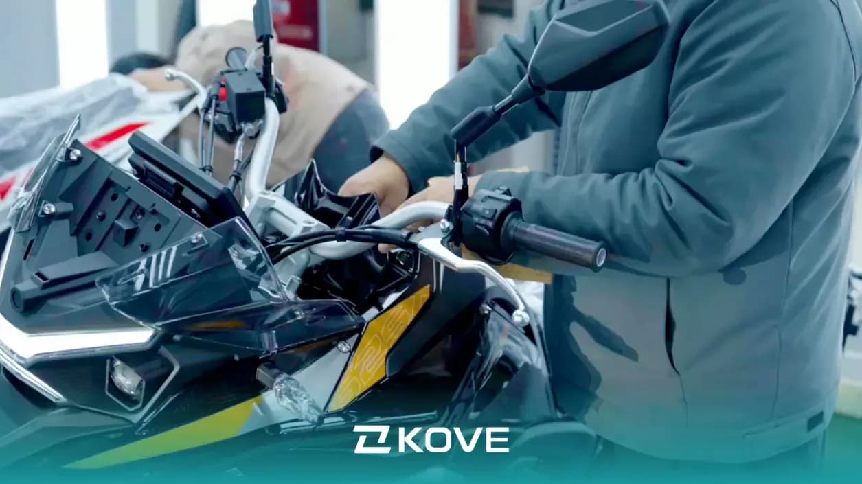 A motorcycle under inspection on the line at KOVE's Chengdu factory