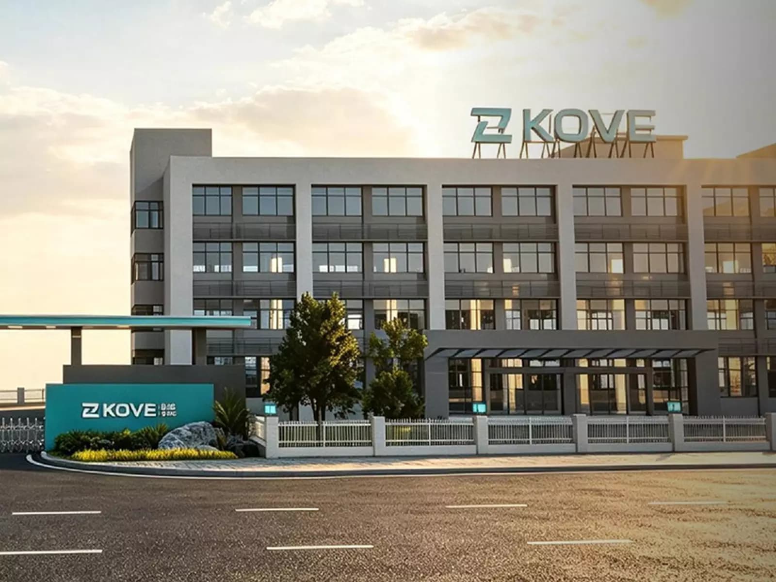 Facade of KOVE's headquarters in Chengdu, with the brand logo above the roofline and the plant entrance sign