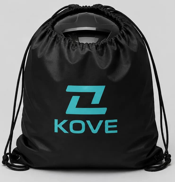 Black drawstring bag with the KOVE logo printed in teal at the centre, a gathered top closure and black cords running down to eyelets at the bottom corners