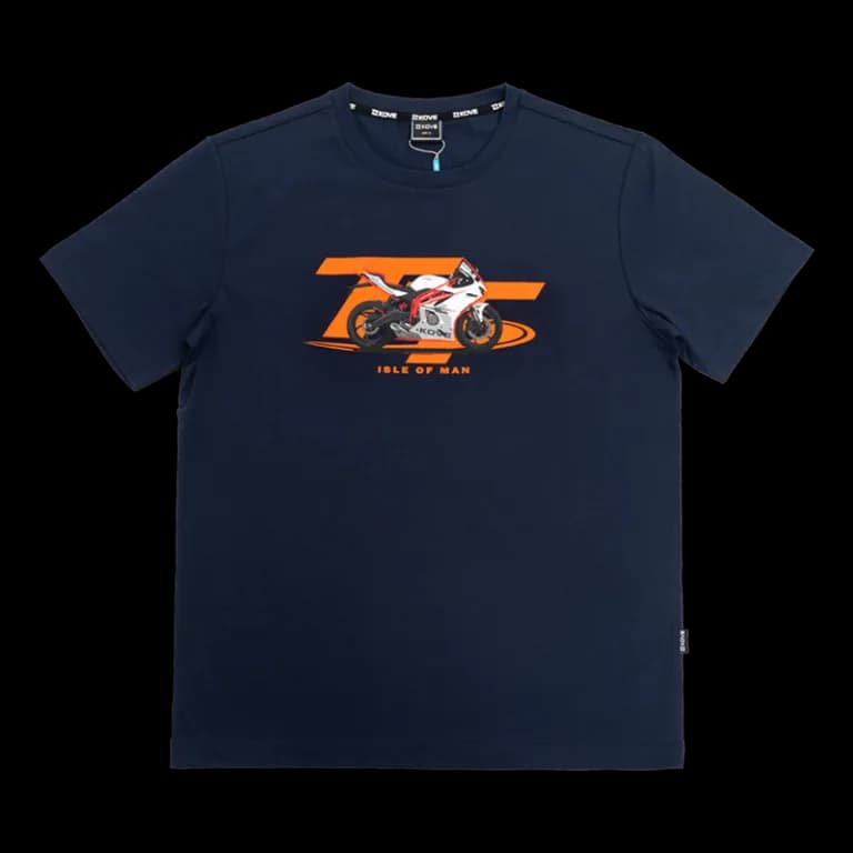 Navy short-sleeve t-shirt with a front graphic of a white and red sportbike over an orange “TT” and the text “ISLE OF MAN”