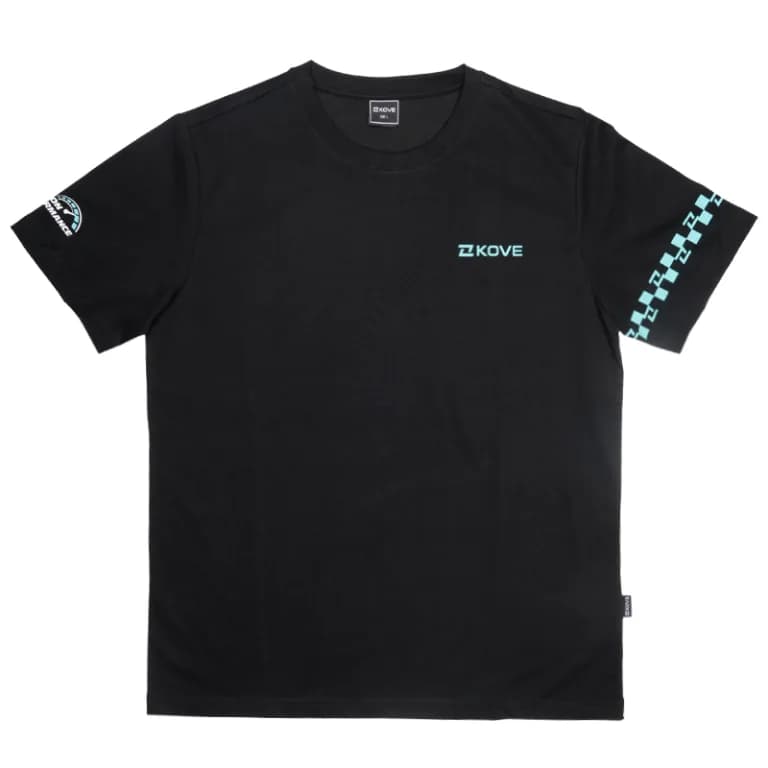 Black short-sleeve t-shirt with a teal KOVE logo on the chest, a chequered band on one sleeve and a circular patch on the other