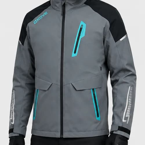Grey jacket with a central zip and stand collar, black shoulder panels, a teal KOVE logo on the chest, a teal-zipped chest pocket, teal-zipped waist pockets and a light grey graphic printed on each forearm; worn by a model in black gloves and trousers