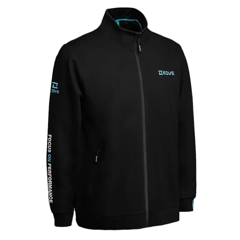 Black knit jacket with a stand collar and full zip, a blue KOVE logo on the chest and the vertical slogan “FOCUS ON PERFORMANCE” printed down the side