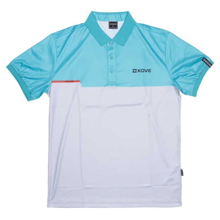 Two-tone short-sleeve polo with a teal upper section and white lower section, KOVE logo on the chest and a red divider stripe