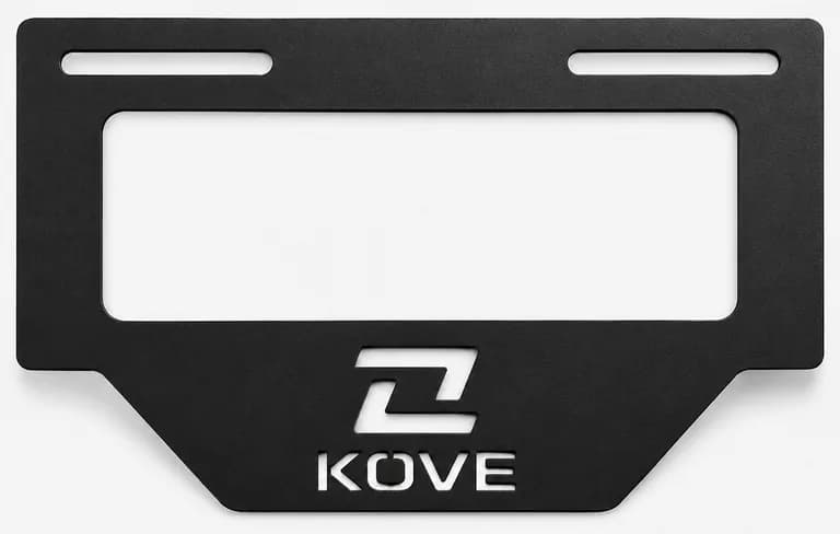 Black one-piece licence plate holder with a rectangular frame for the plate, two horizontal mounting slots along the top edge and the KOVE logo cut out of the lower skirt