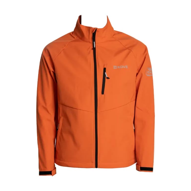 Orange softshell jacket with a black central zip, high collar, zipped chest pocket and a reflective KOVE logo on the chest
