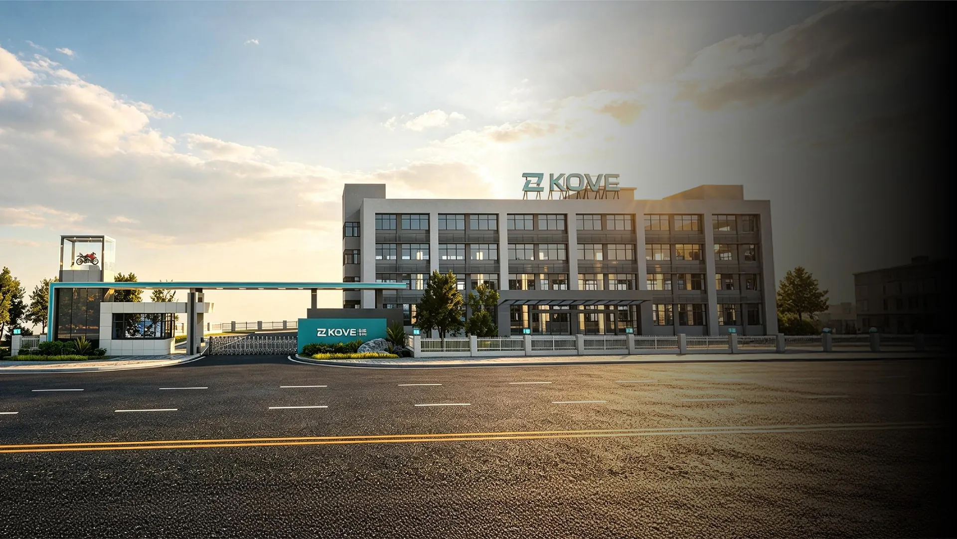 KOVE headquarters: office building with the KOVE logo on the roof, the main entrance to the plant and a motorcycle on display in a glass case beside the gate